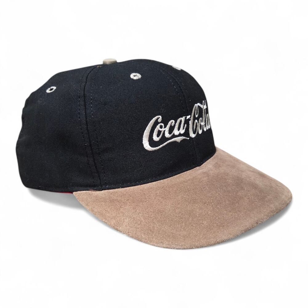 Vintage 90s Coca-Cola Hat Black Tan Suede Bill Snapback Baseball Cap Retro Coke